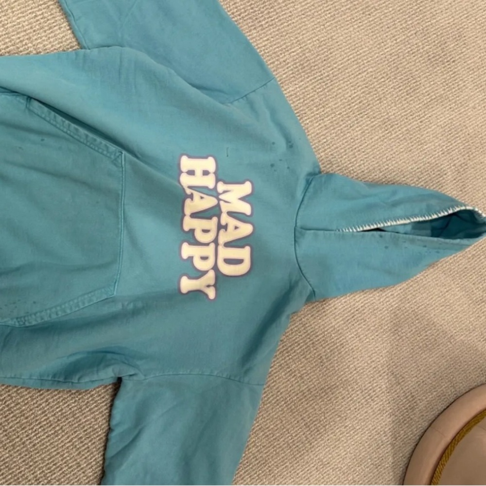 Madhappy blue hoodie with stitching and graphic print. Limited edition